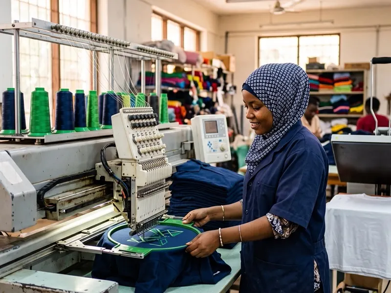 Industrial embroidery machine stitching logos onto polo shirts