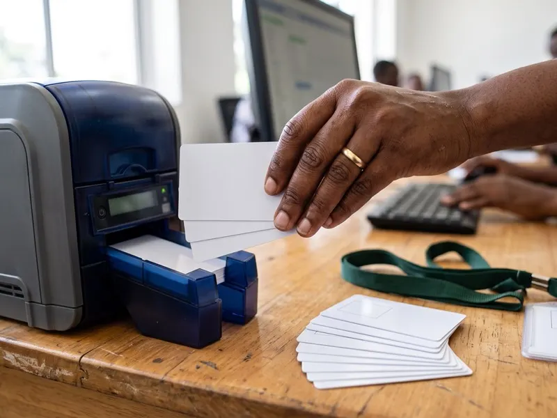 Printed PVC identification cards leaving the card printer