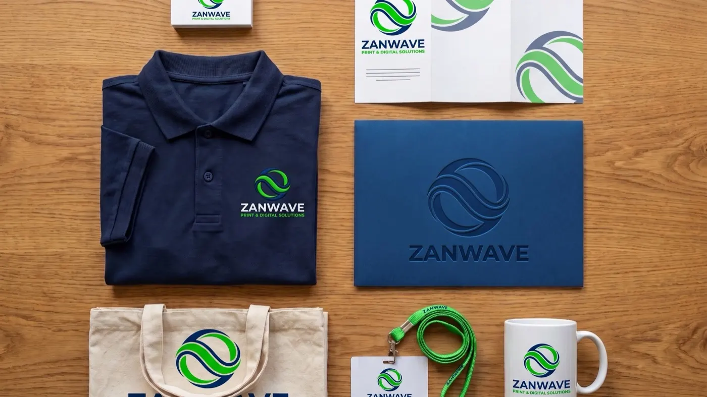 Corporate identity kit including cards, folder, ID card and branded apparel