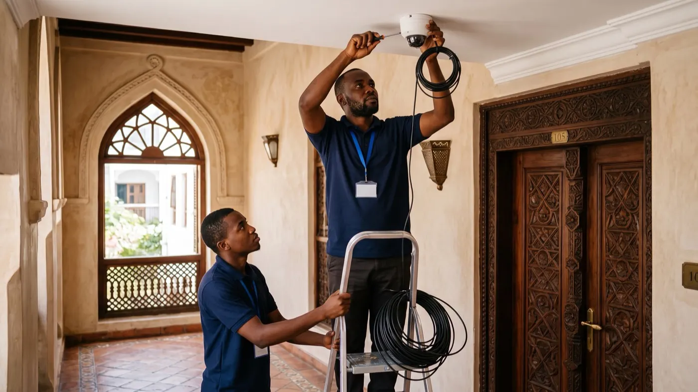 Zanwave technicians installing a CCTV camera at a client site in Zanzibar