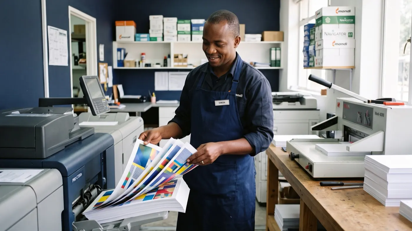Technician inspecting production colour printing at Zanwave Zanzibar