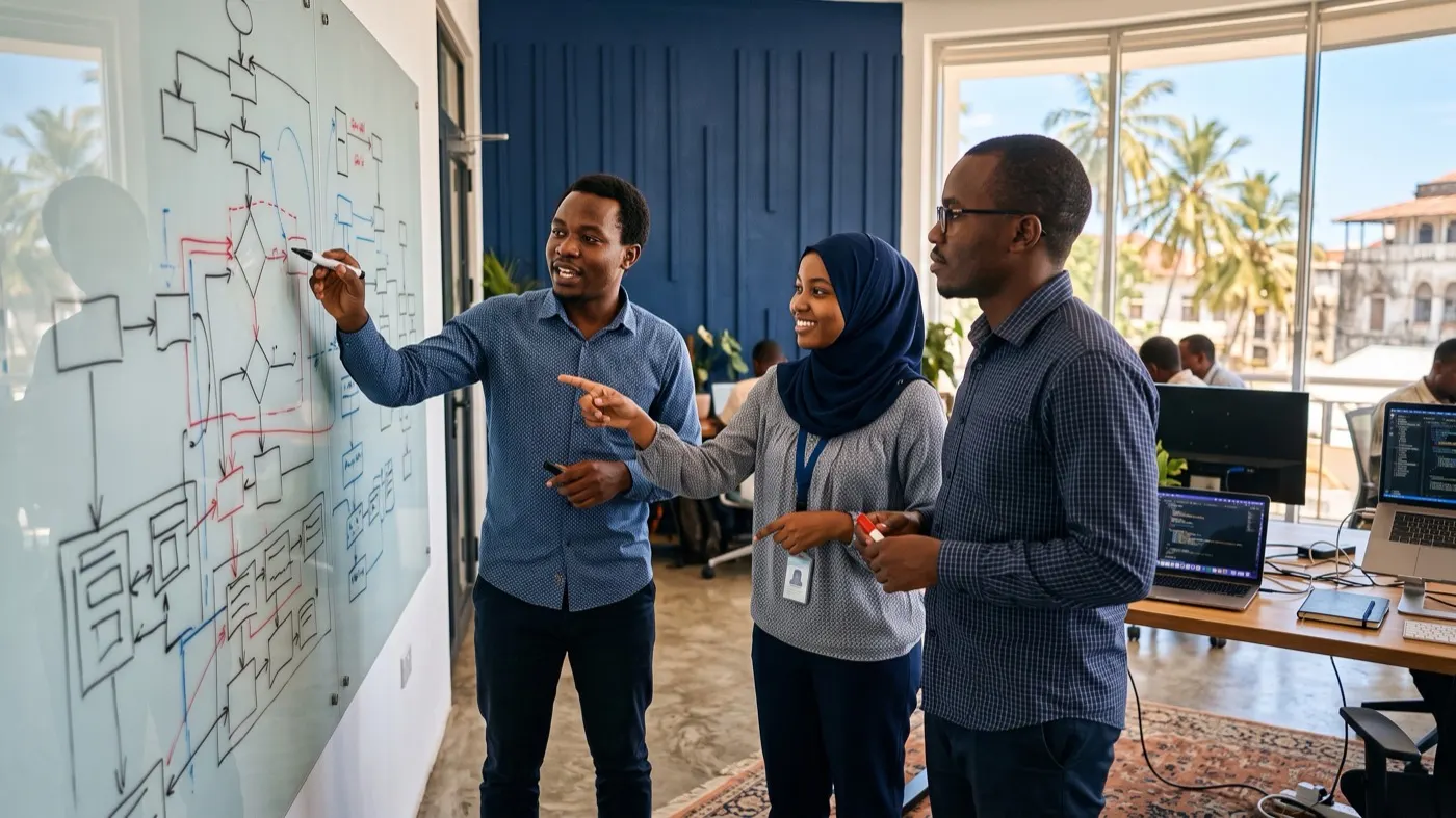 Zanwave team mapping a business system architecture on a whiteboard