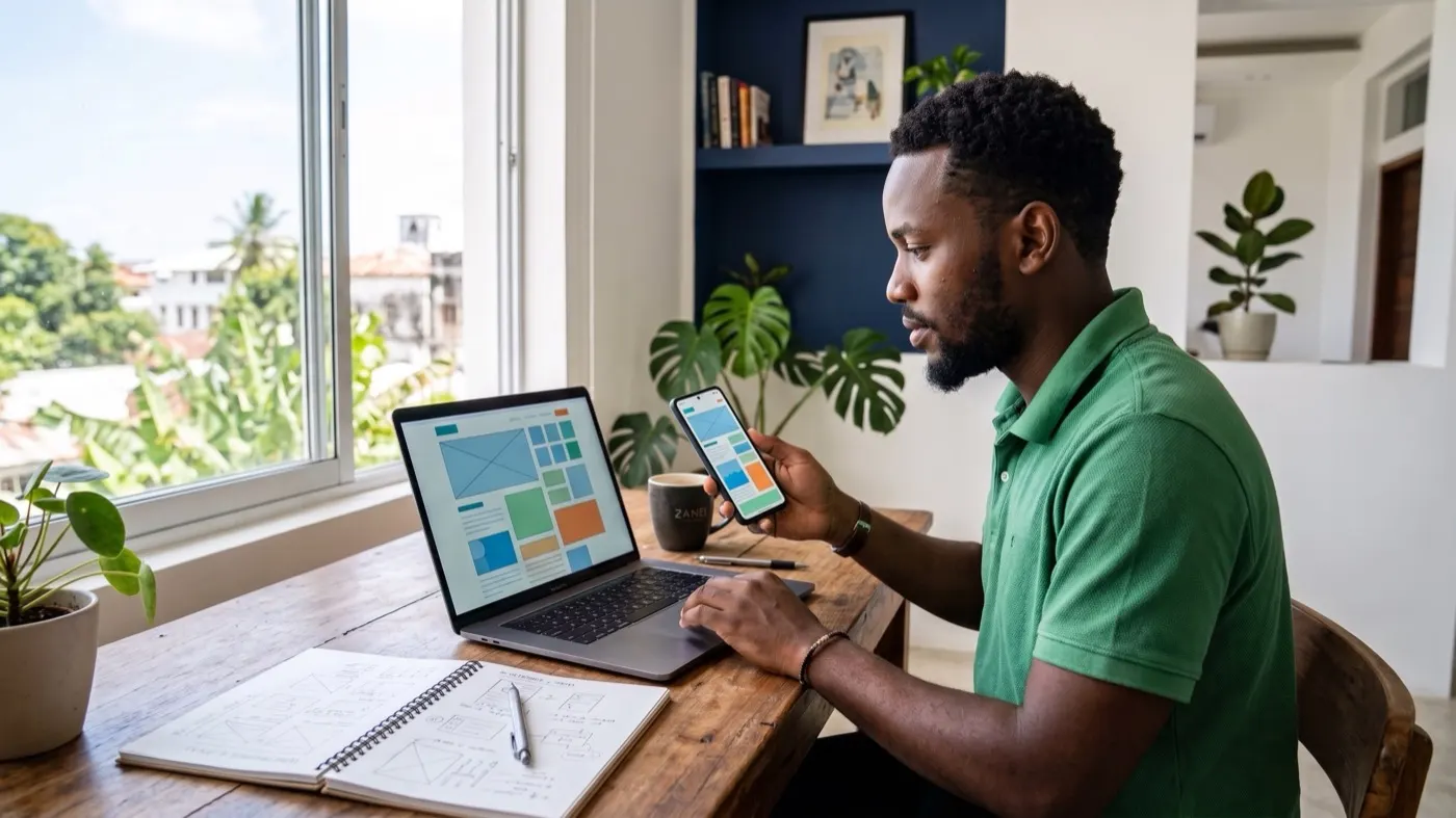 Developer reviewing a responsive website on desktop and mobile